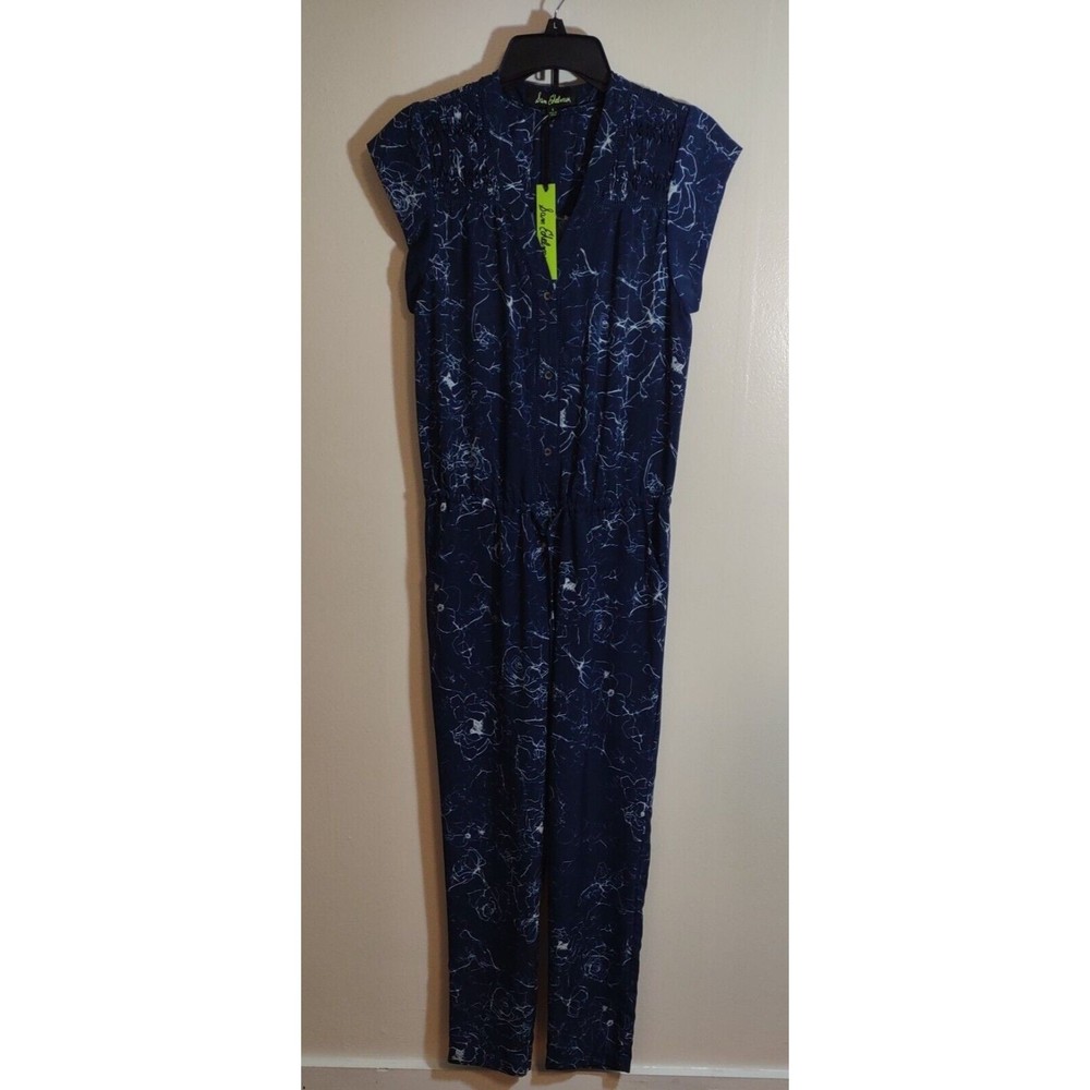 Sam Edelman Navy & White Floral Print Short Sleeve Women's Jumpsuit Sz 4 Pockets